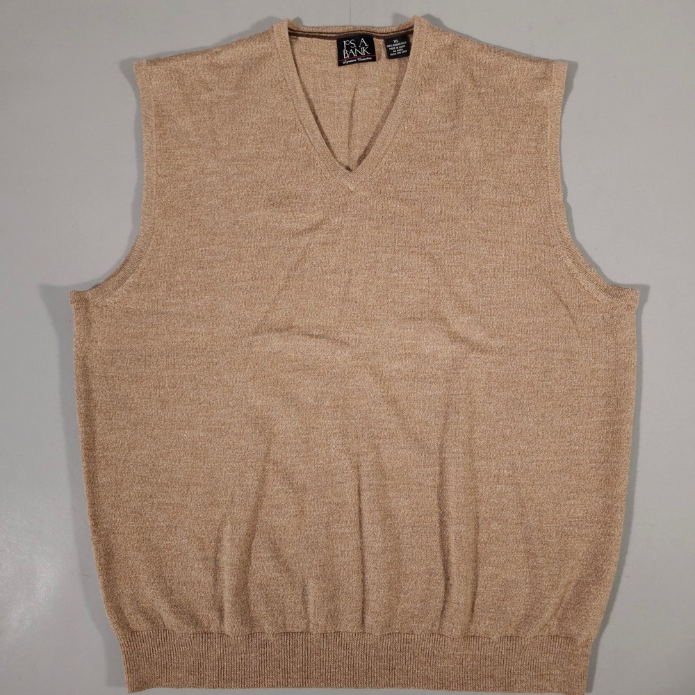Jos. A. Bank Sweater Vest Mens XL Tan 100% Merino Wool V-Neck Signature